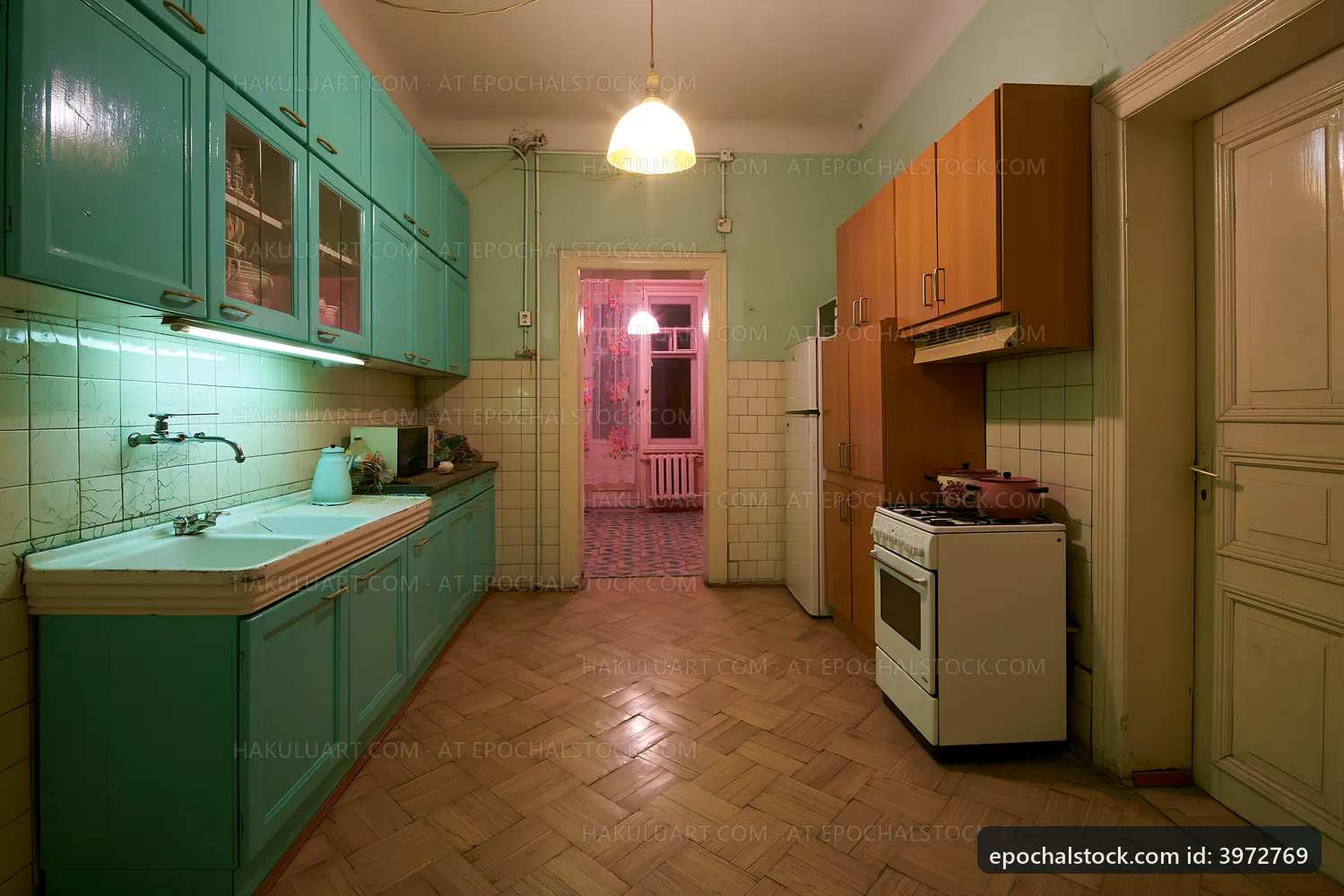 Old kitchen with turquoise cabinets and retro design
