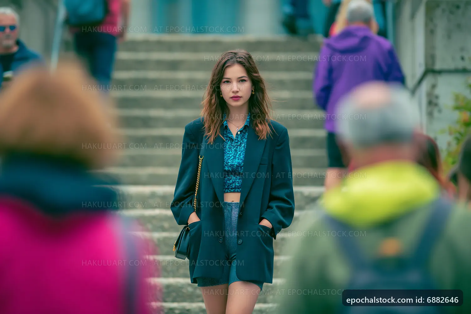 Woman walking confidently in a crowd on city steps
