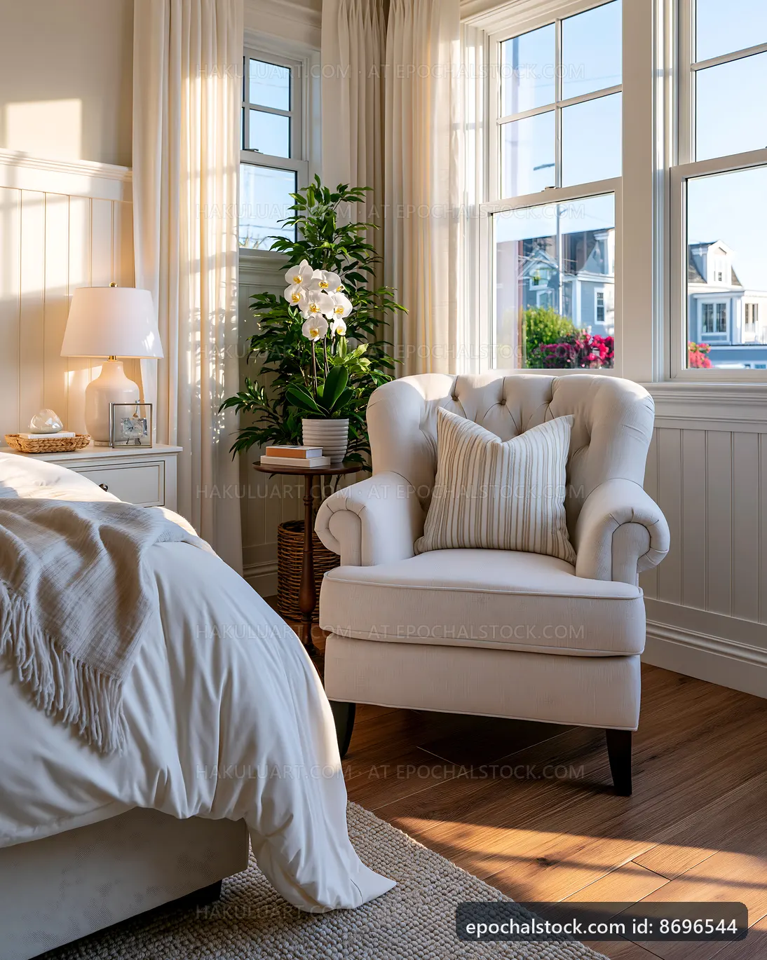 Cozy corner with chair and plant in bright bedroom