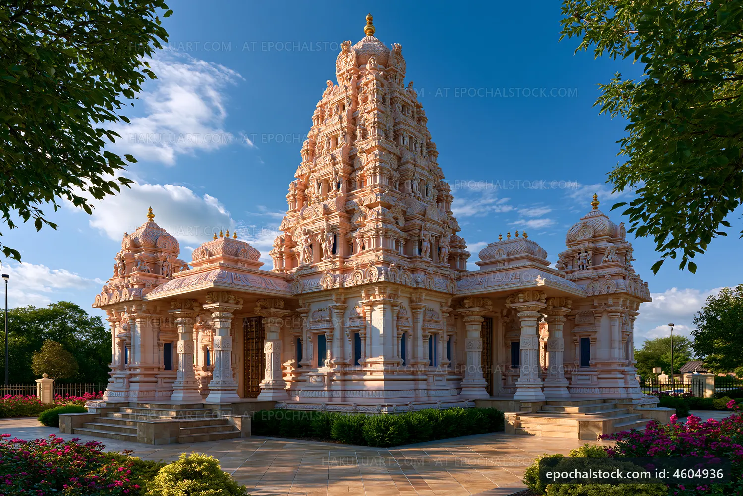Hindu temple architecture with intricate details in sunny weather