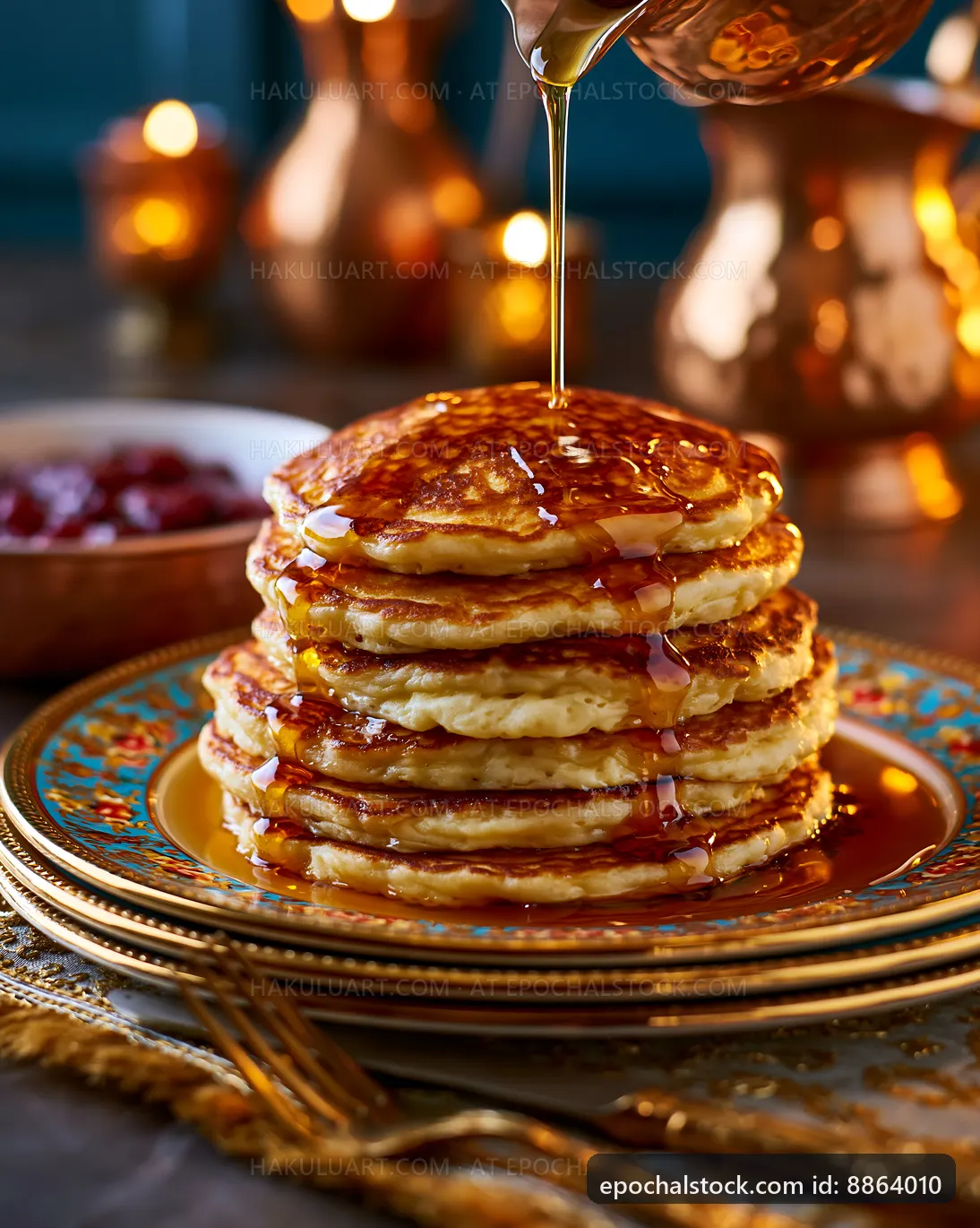 Stack of pancakes with syrup drizzling on top
