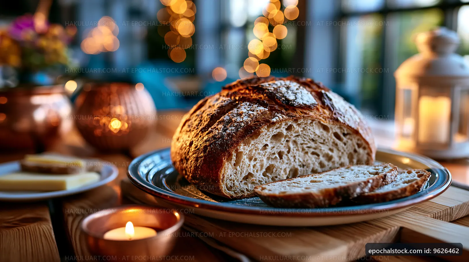 Freshly baked bread on a dinner table with candlelight