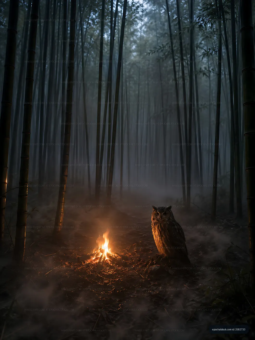 Owl sitting near a fire in a bamboo forest at night