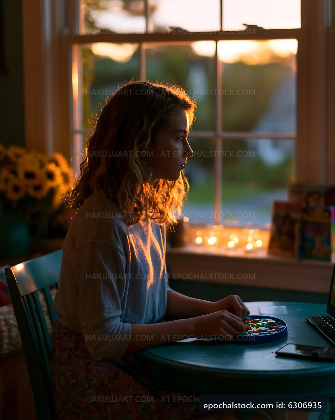 Young girl working at a table near a window during sunset