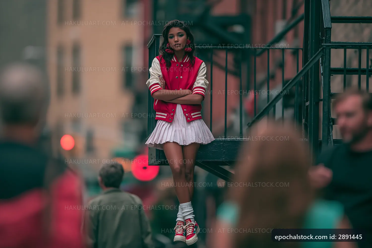 Girl in red jacket stands on stairs in urban setting