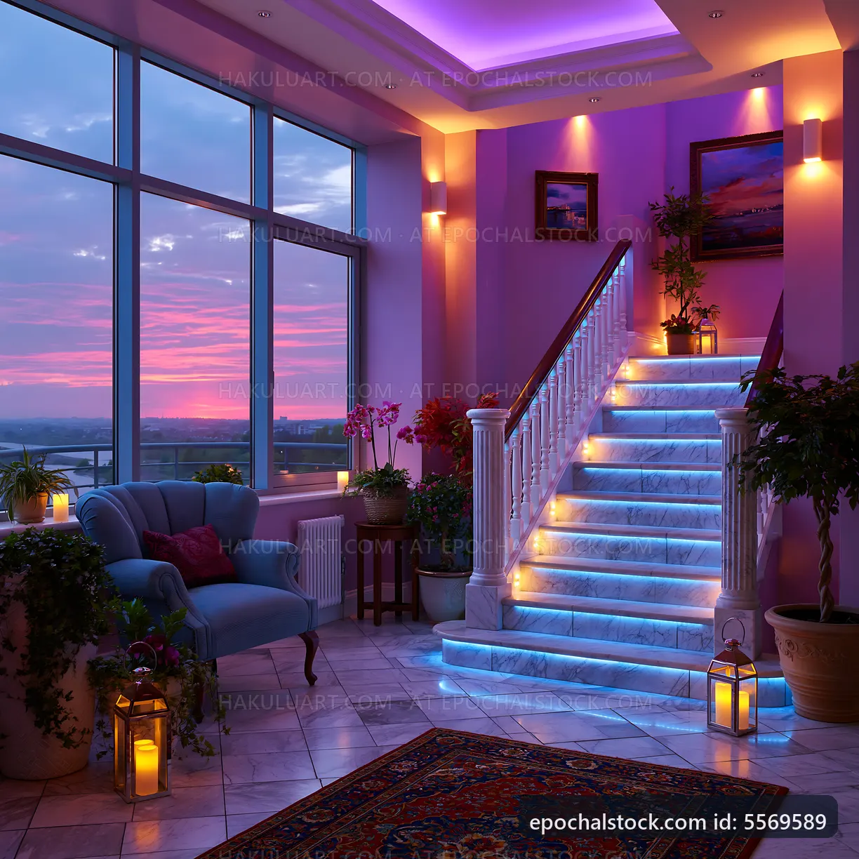 Stairway with LED lights and sunset view in a modern interior