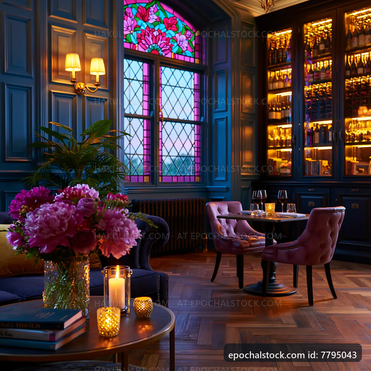 Elegant interior of a bar with window and floral arrangement