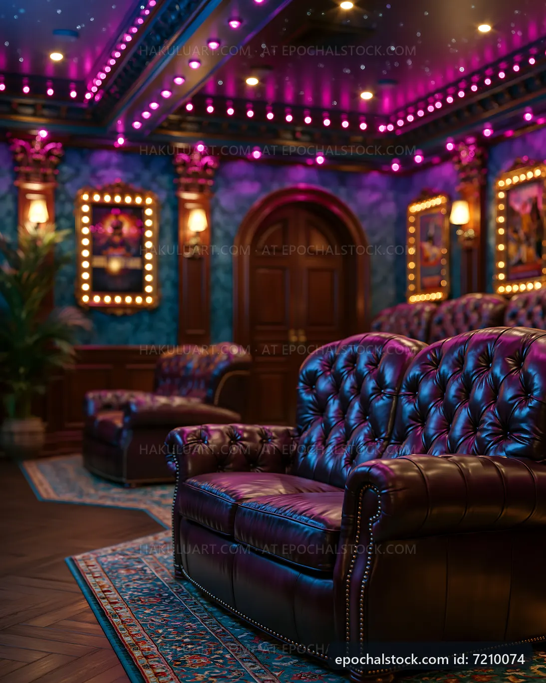 Cozy seating area with purple lights in a modern lounge