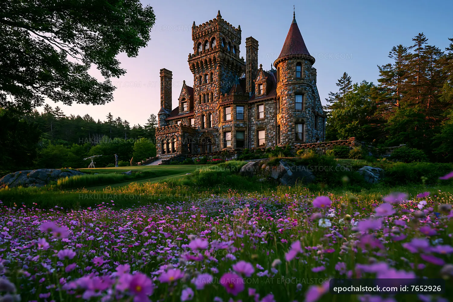 Historic castle surrounded by wildflowers at sunset