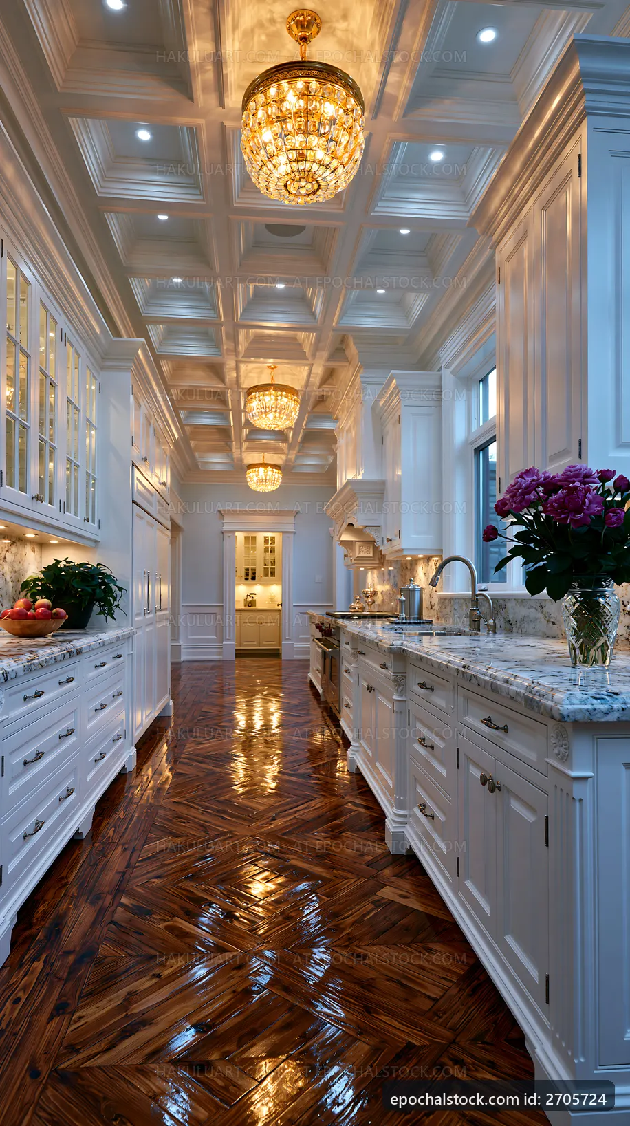 Bright modern kitchen with ornate lighting and polished floor
