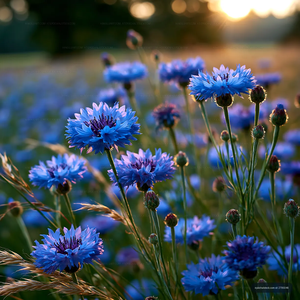 Blue flowers in a field during sunset