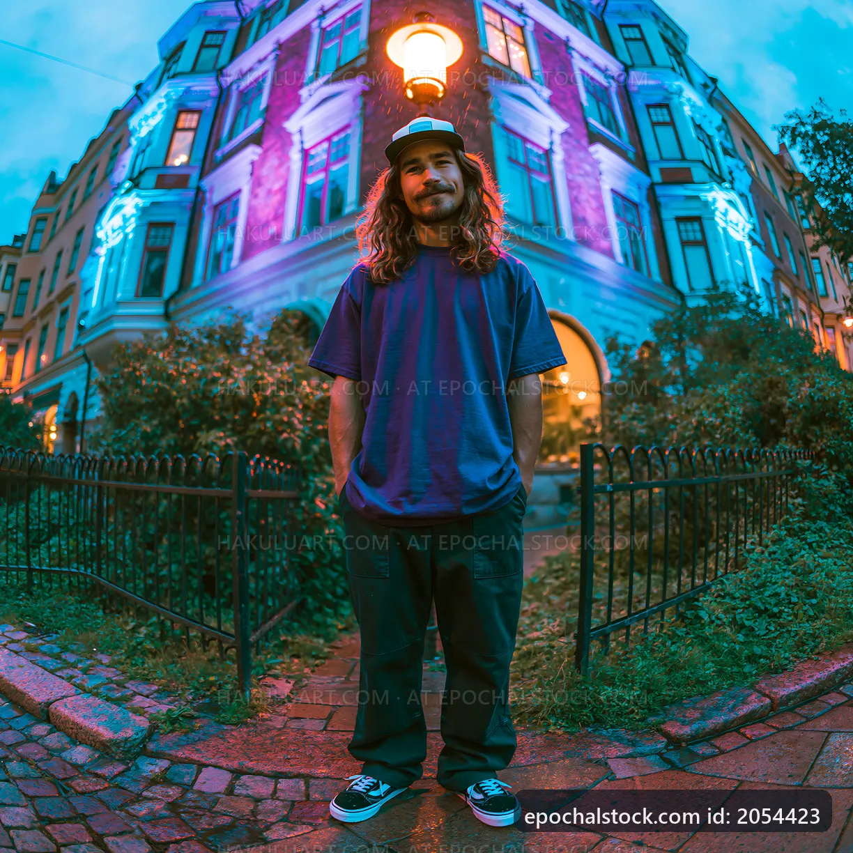 Man standing outside a building in the evening light