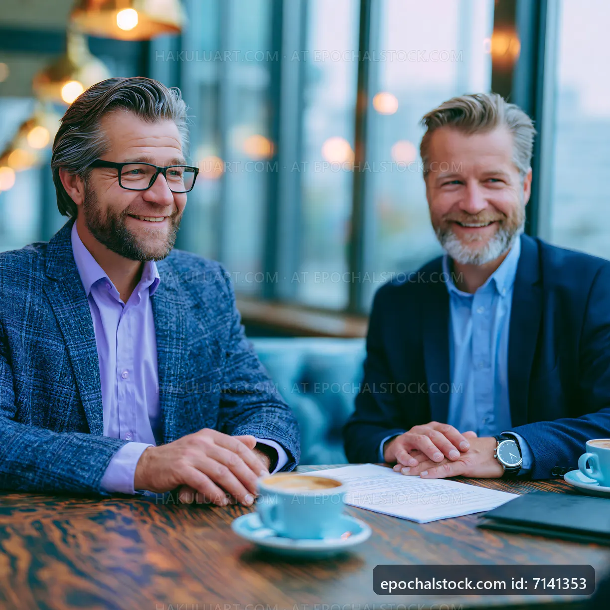 Business meeting between two men at a modern cafe
