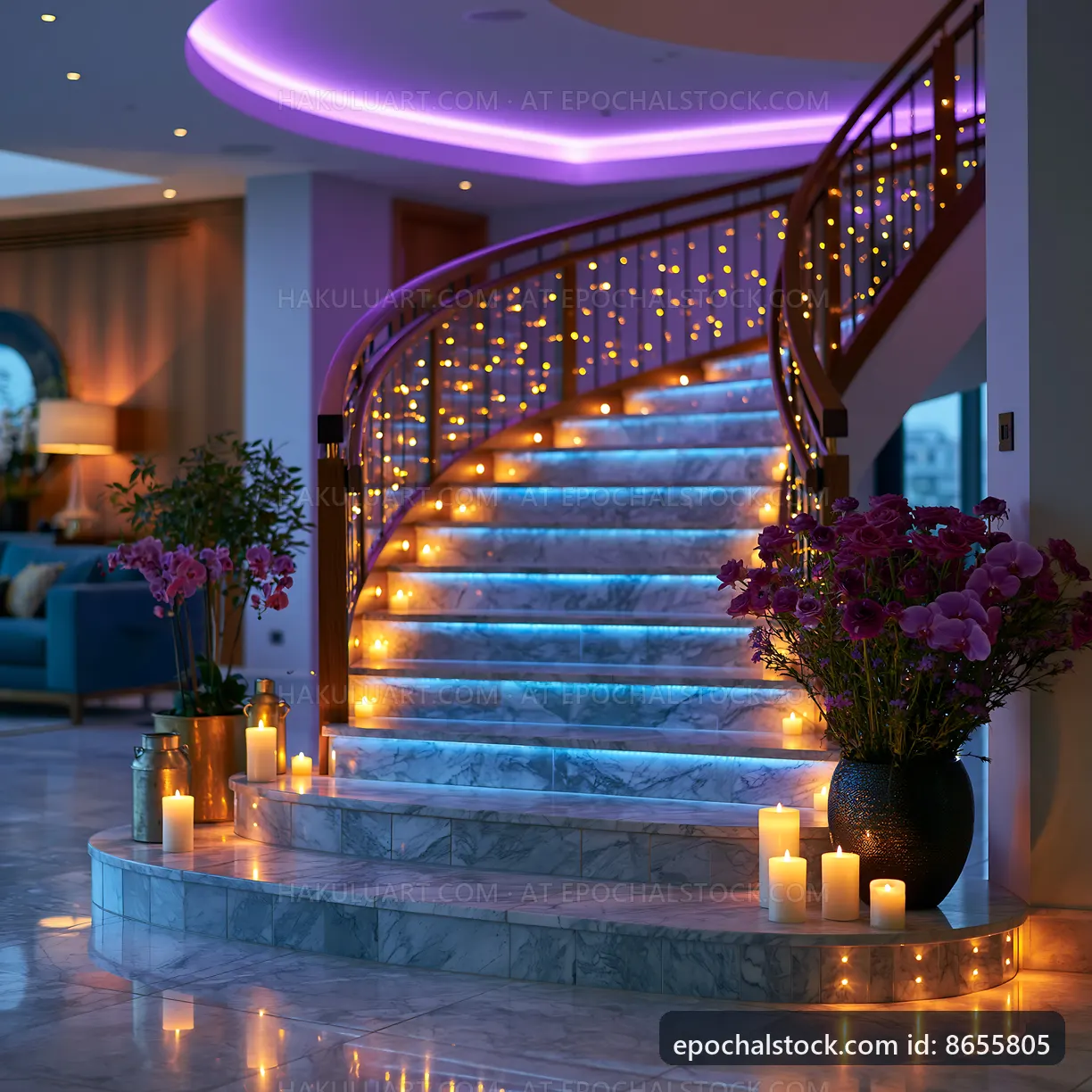 Elegant staircase with candles and lights in a luxury interior