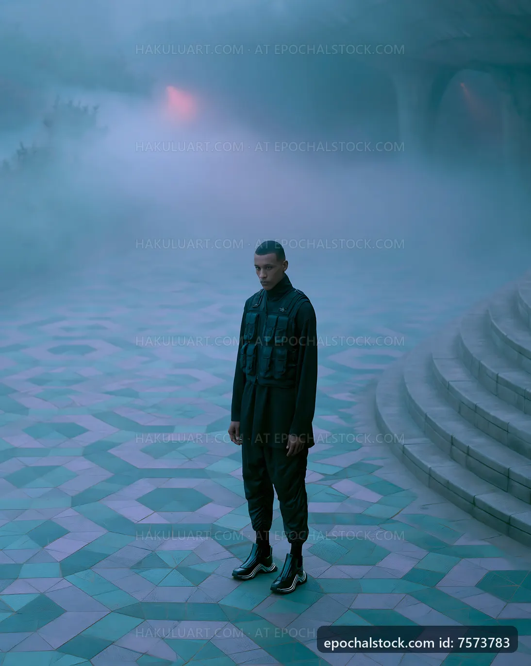 Man standing on patterned floor in foggy environment at dusk