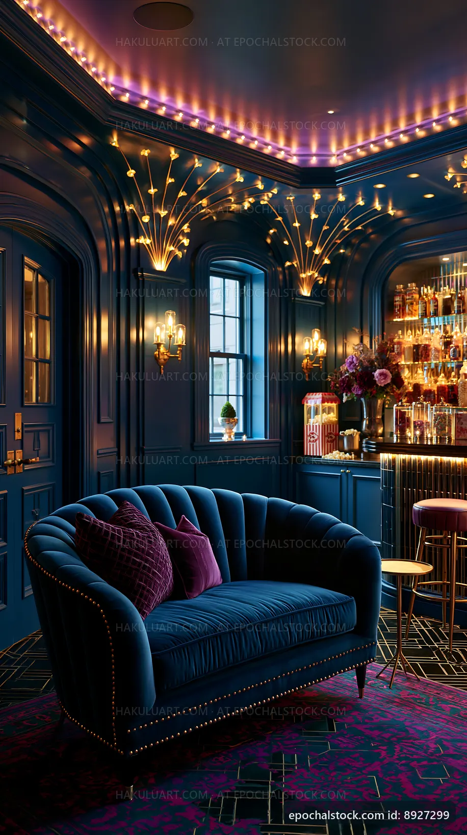 Stylish bar interior with deep blue hues and elegant lighting