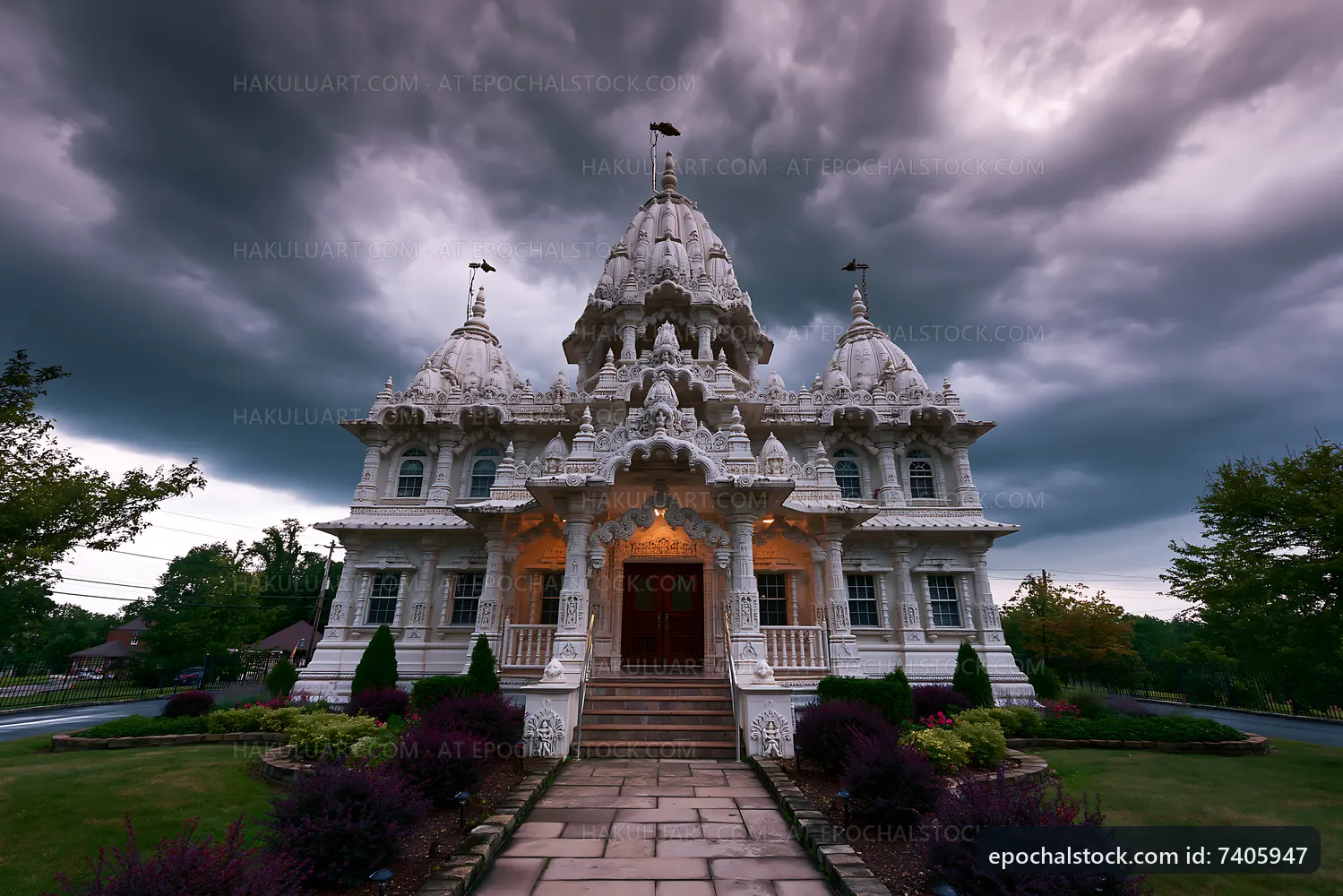 Hindu temple with intricate architecture under a cloudy sky
