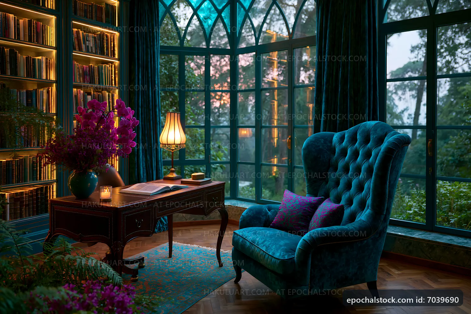 Cozy reading corner with turquoise chair and large window