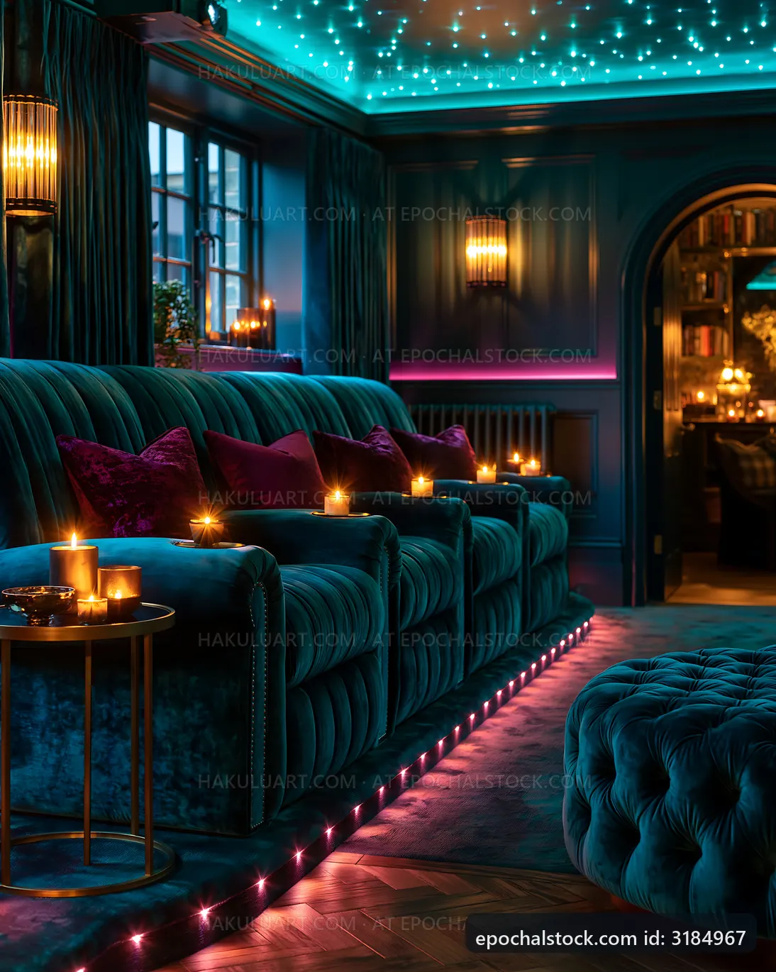 Cozy interior with velvet sofas and soft lighting