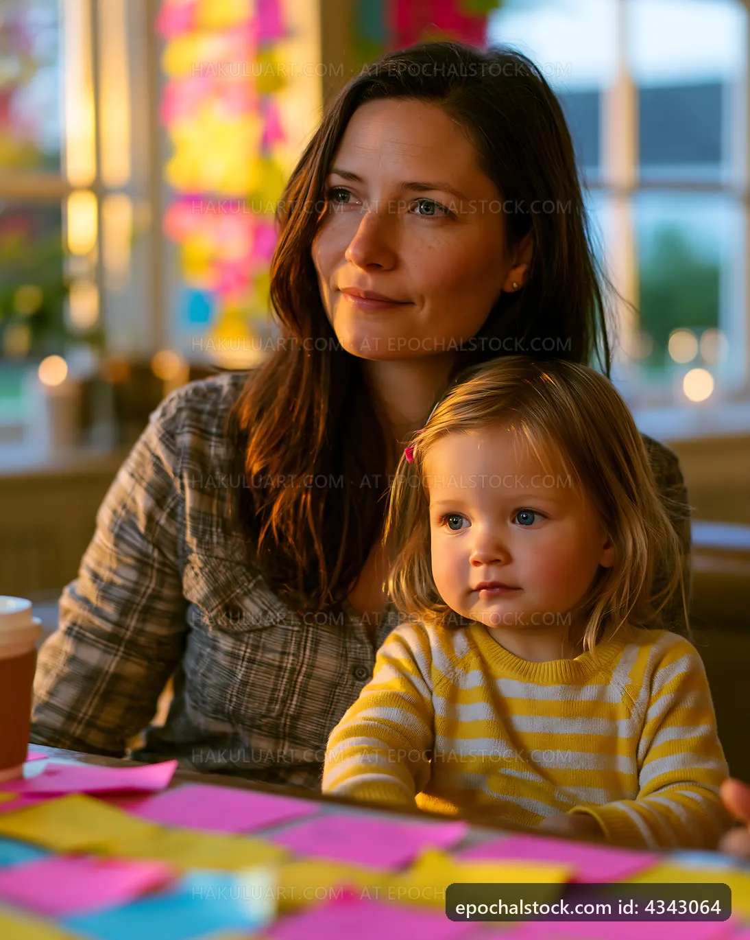 Woman and child at table with colorful notes in evening light