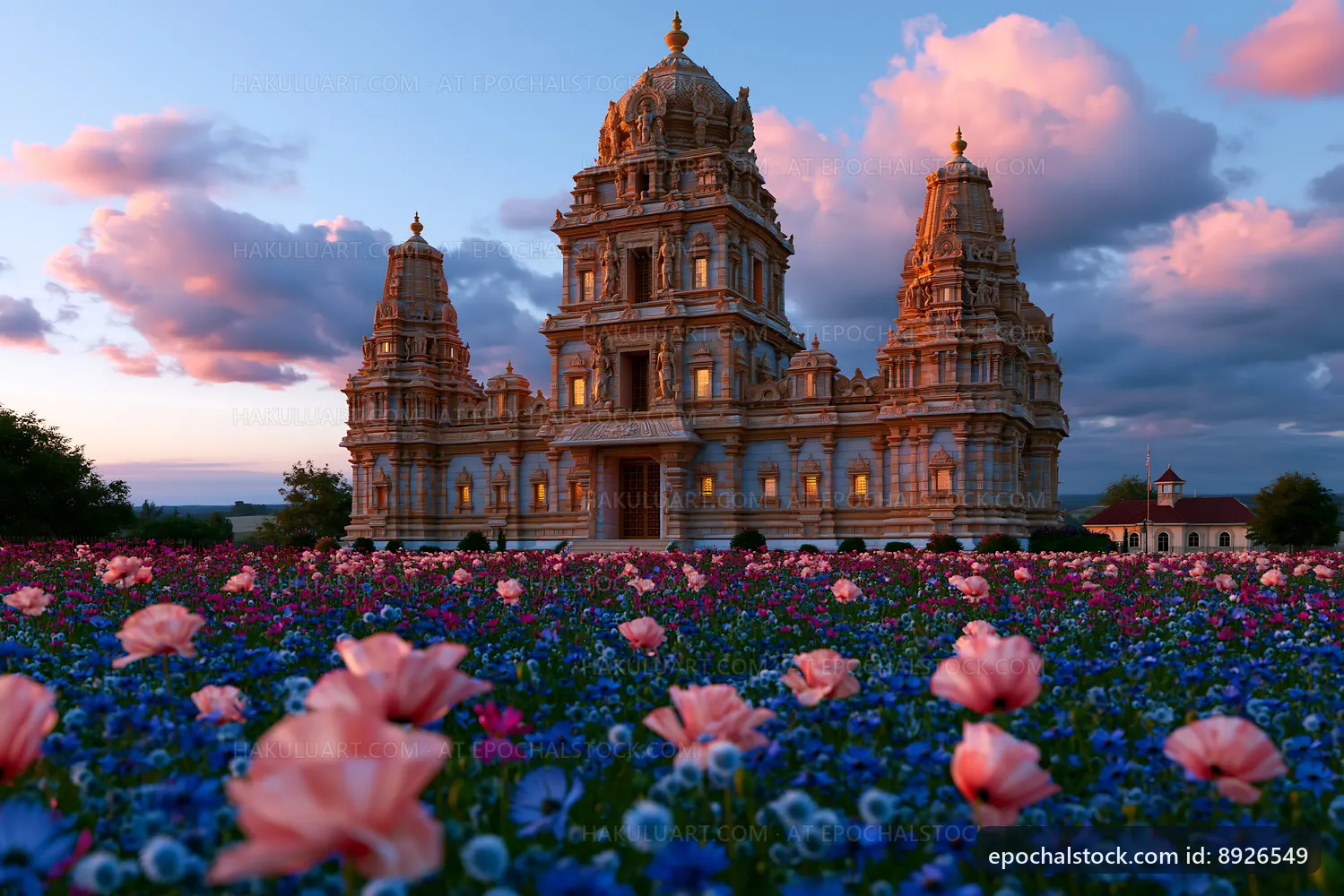 Flowers surround a temple at sunset