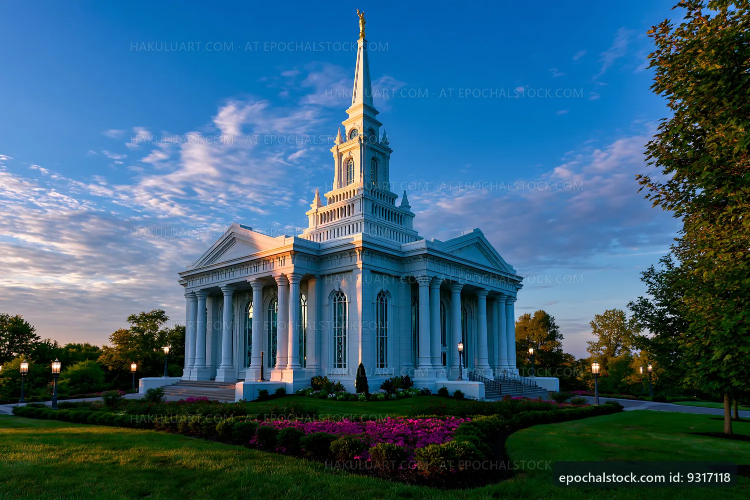 Historic building with tall spire surrounded by gardens at sunset
