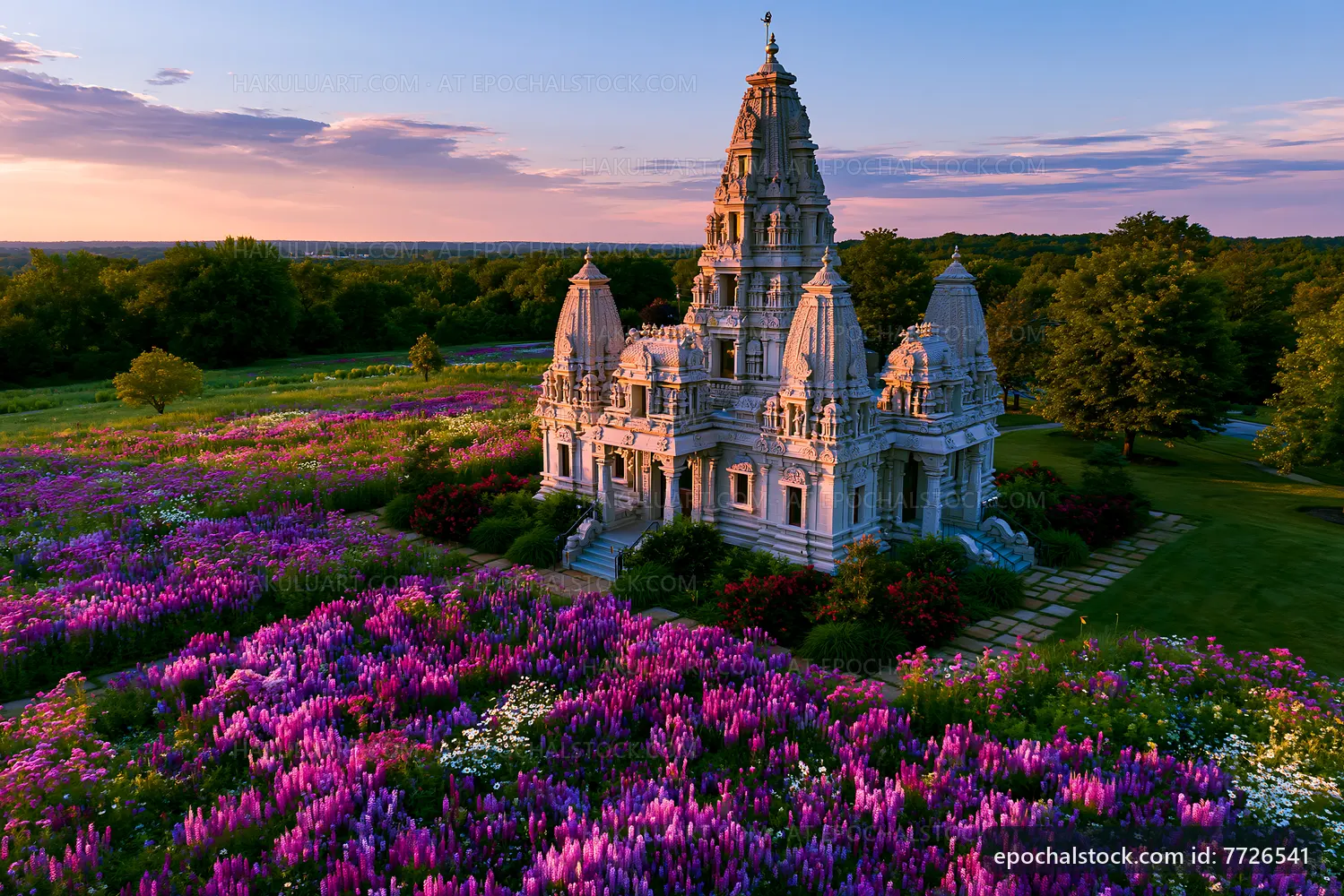 Unique temple surrounded by vibrant flowers in a scenic landscape