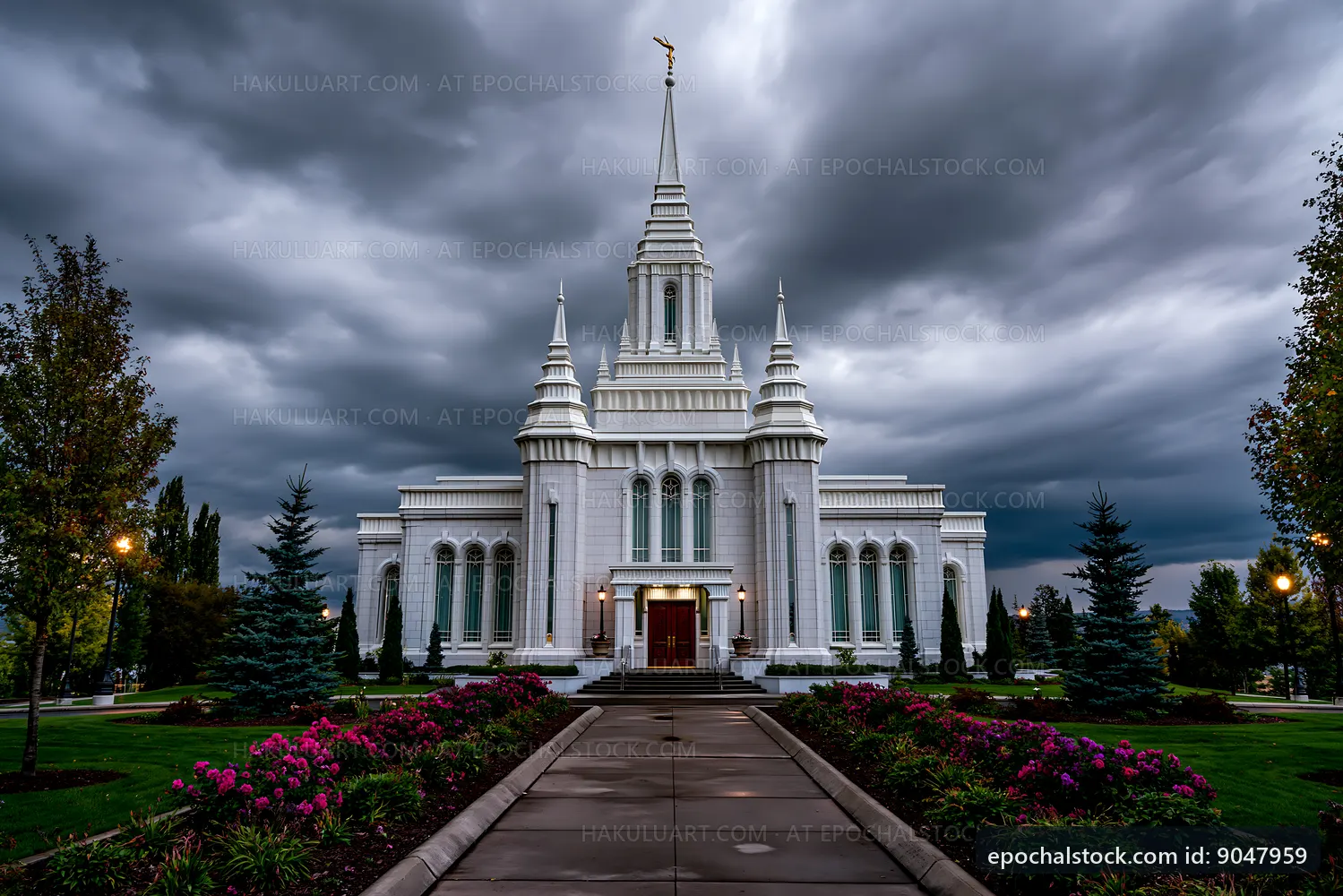 Building with a tall spire under a cloudy sky