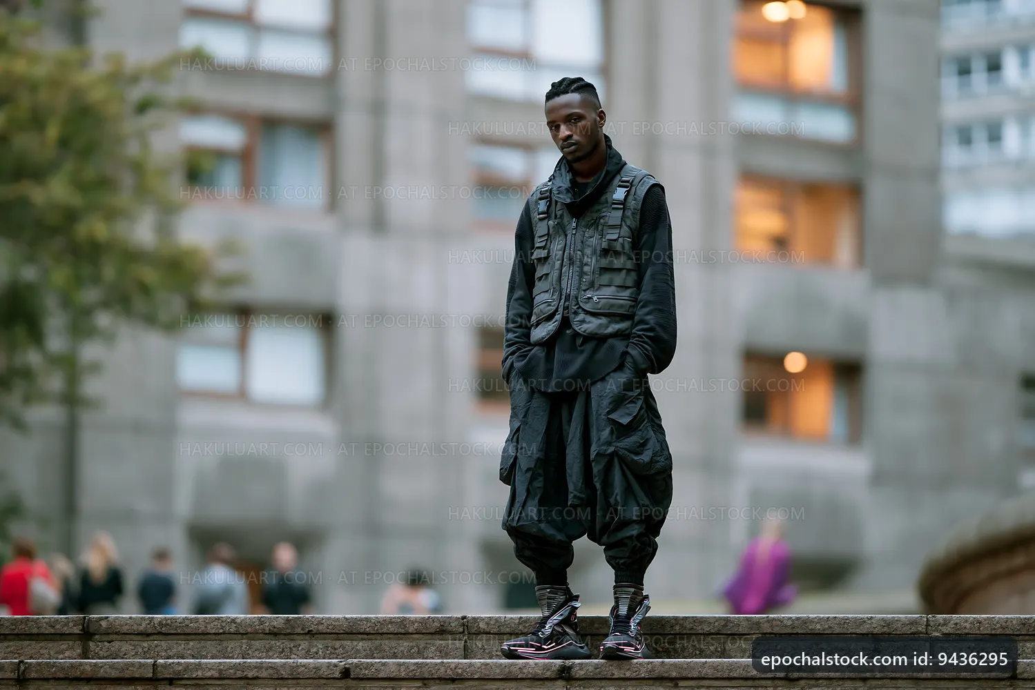 Man stands on steps in urban setting wearing casual outfit