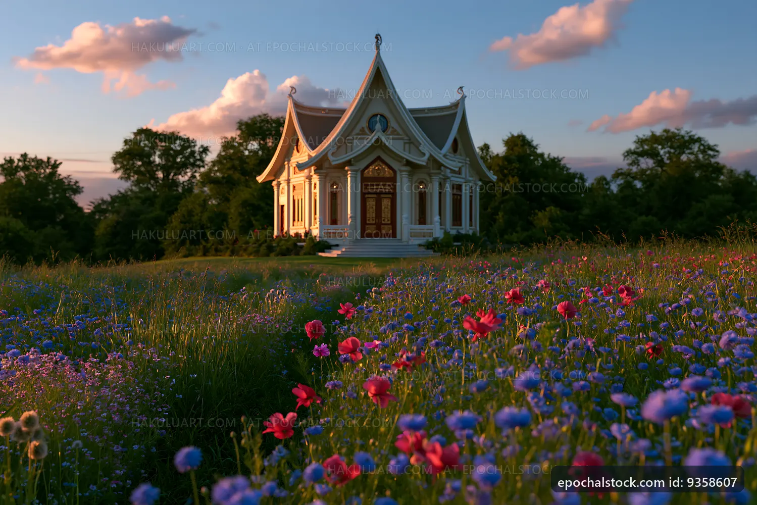 Colorful flowers around a small white temple at sunset