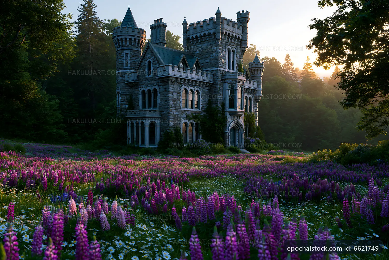 Castle surrounded by flowers in a forest at sunrise
