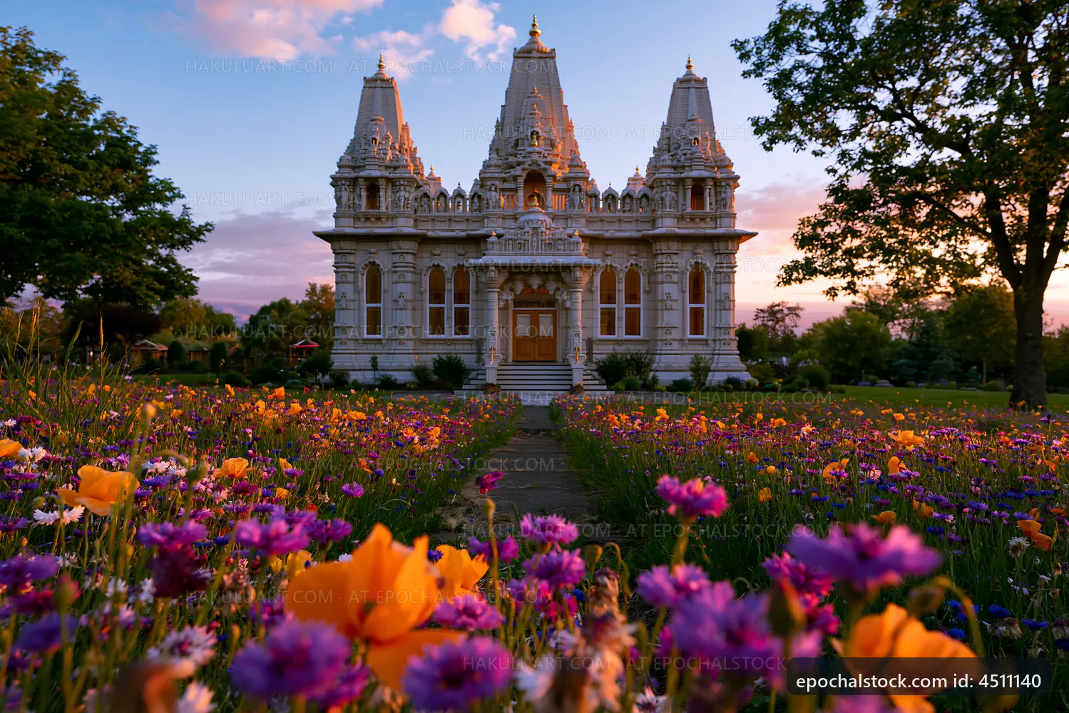 Colorful flowers in front of a temple at sunset