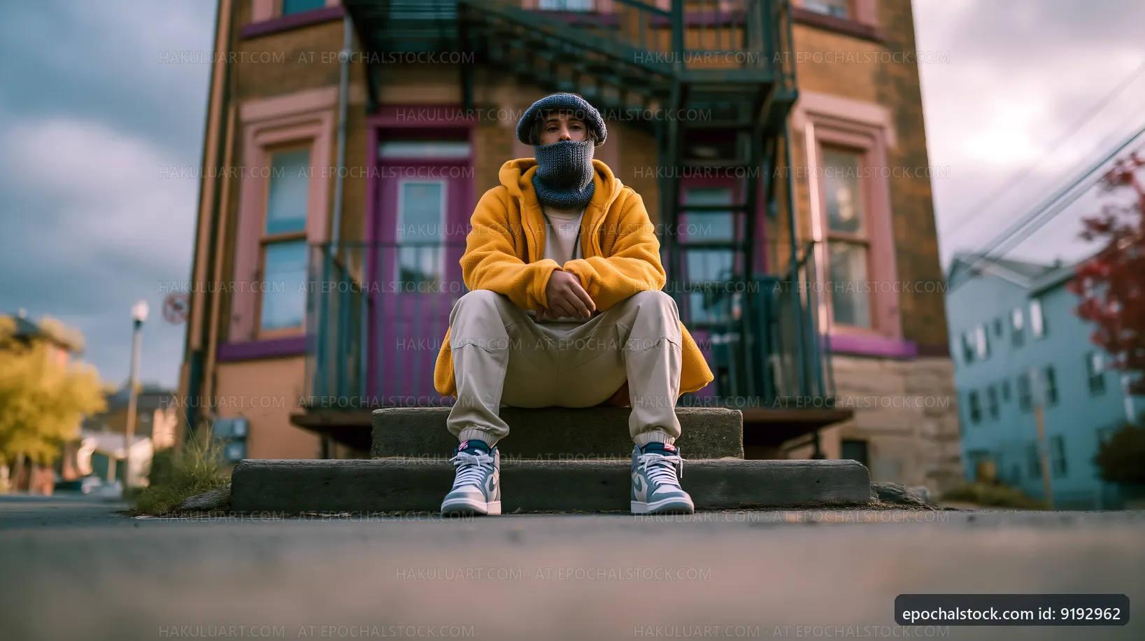 Young man sitting on steps in city during cloudy weather