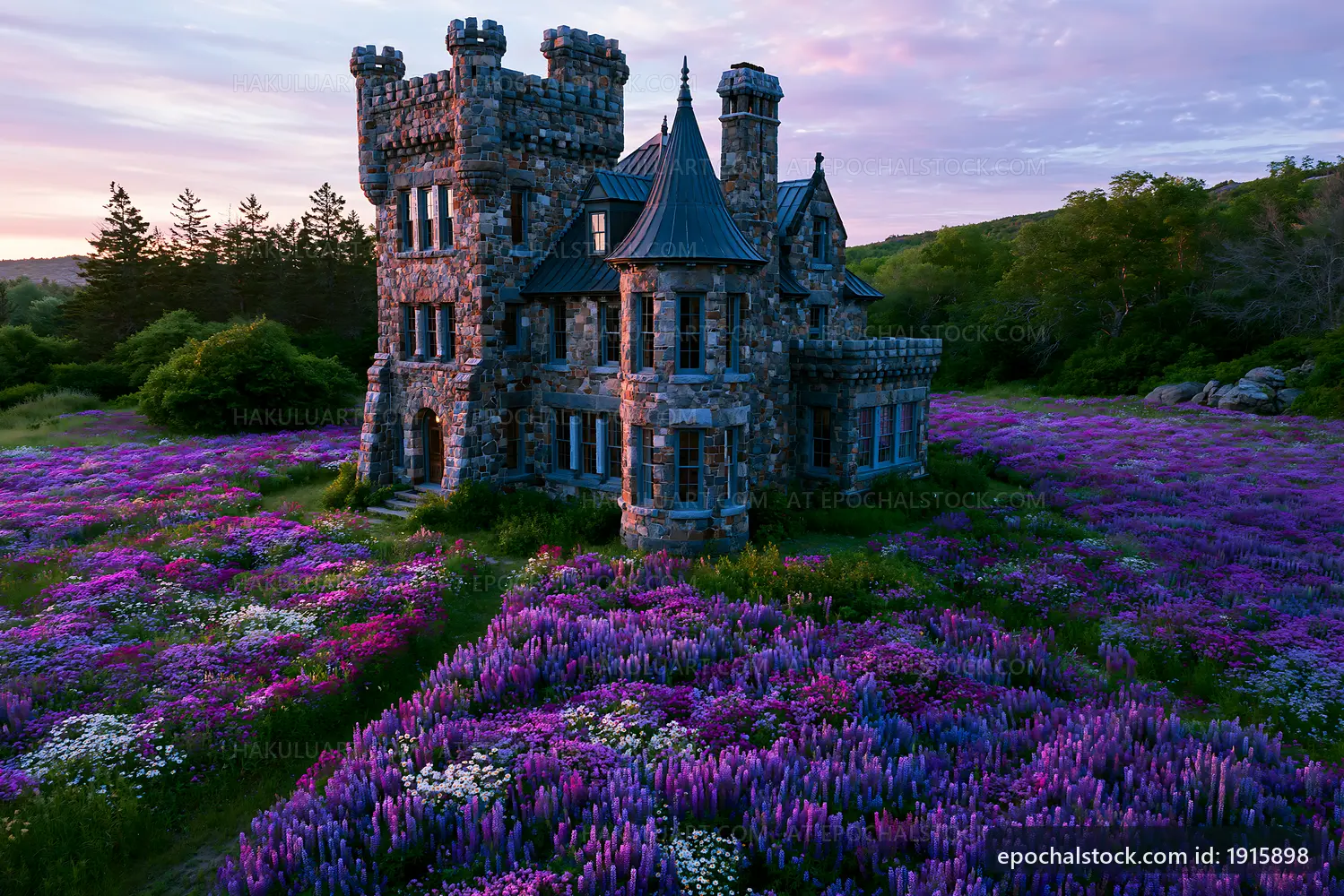 Historic stone castle surrounded by purple flowers at sunset