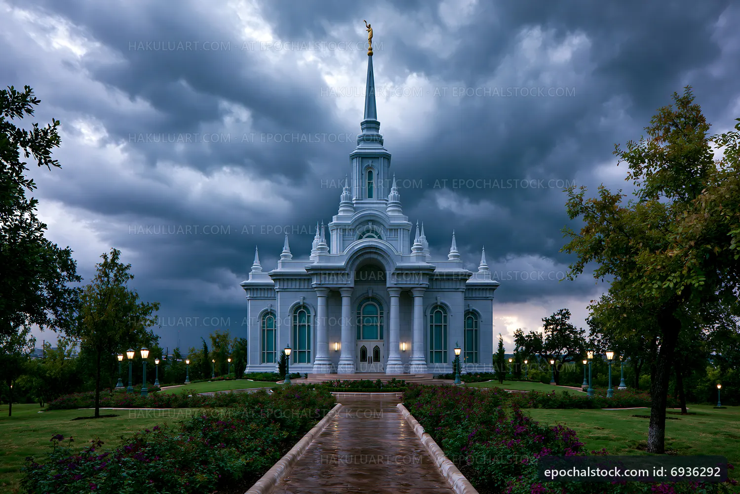 White temple under dark clouds with walking path