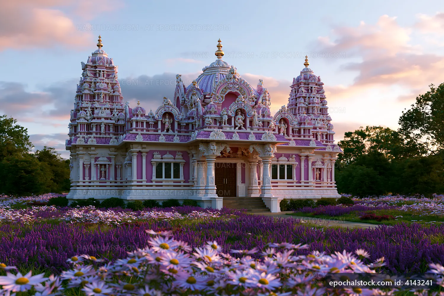 Colorful temple surrounded by flowers in a garden setting