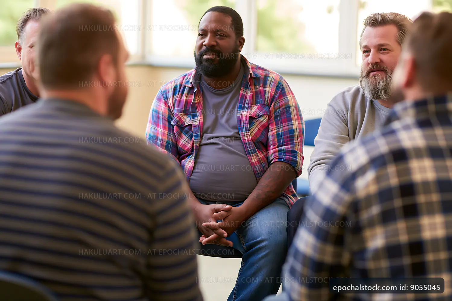 A group of men engages in a discussion at a community center