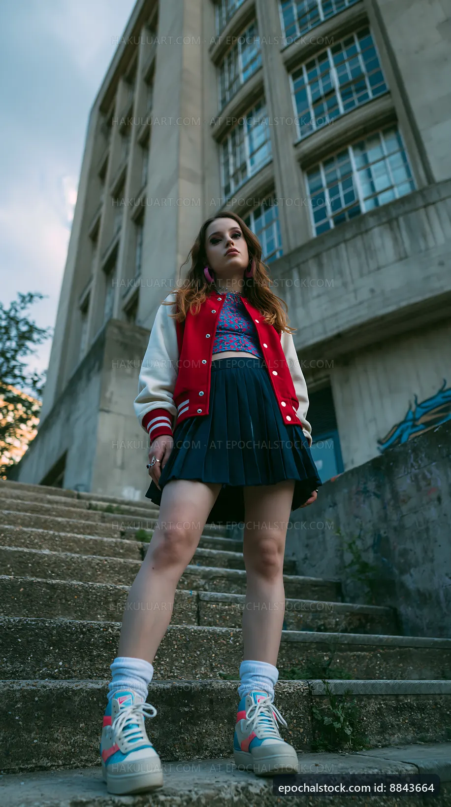 Young woman in skirt and varsity jacket poses on outdoor steps