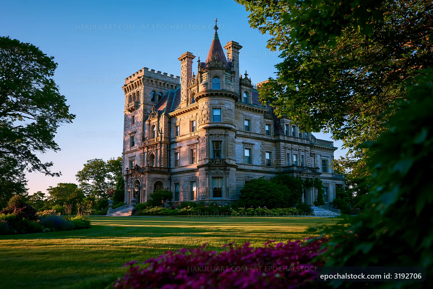 Historic mansion surrounded by gardens and trees