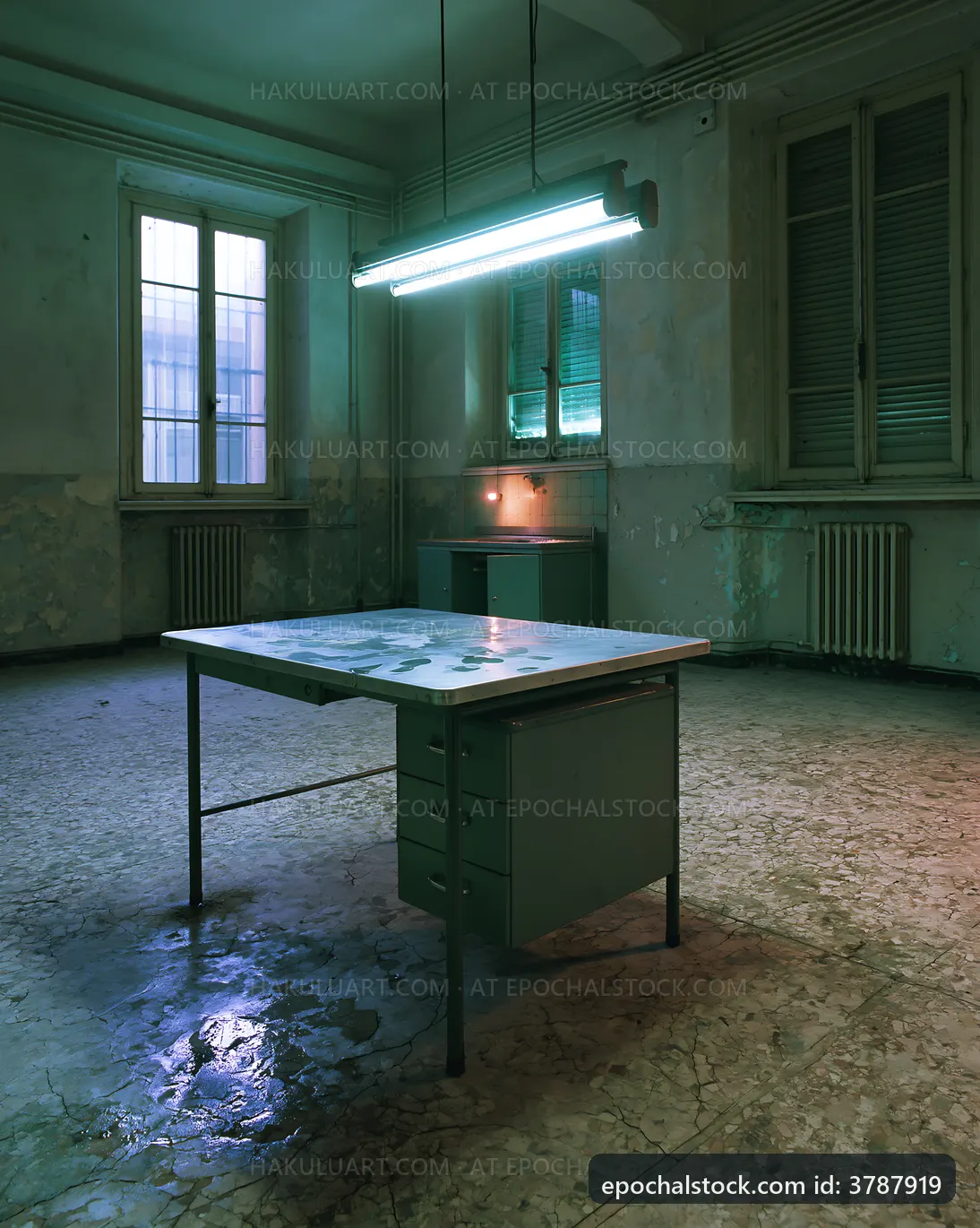 Empty room with a desk and fluorescent light in dim lighting