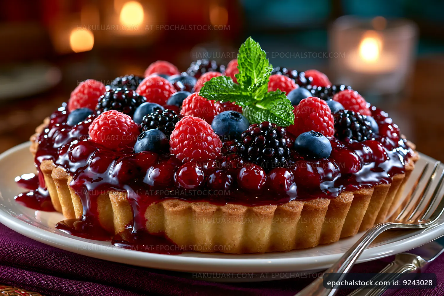 Berry tart with assorted fruits on a plate