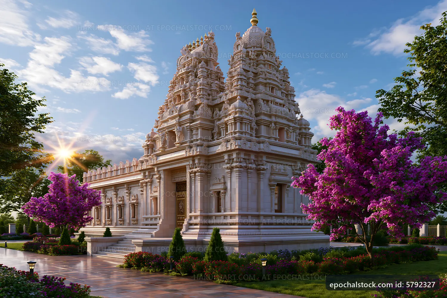 Hindu temple surrounded by flowers at sunset