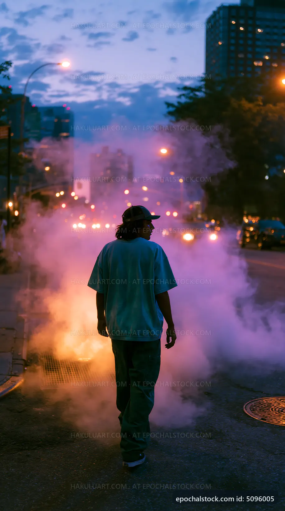 Person walking down a city street with smoke and traffic