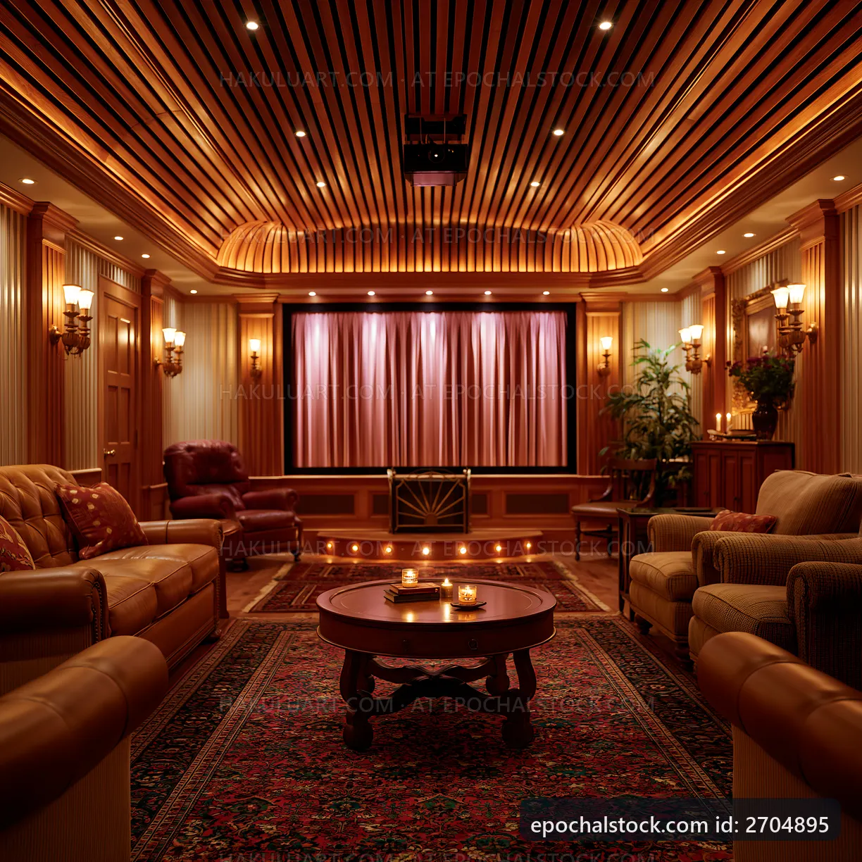 Cozy home theater with warm lighting and rich wood details