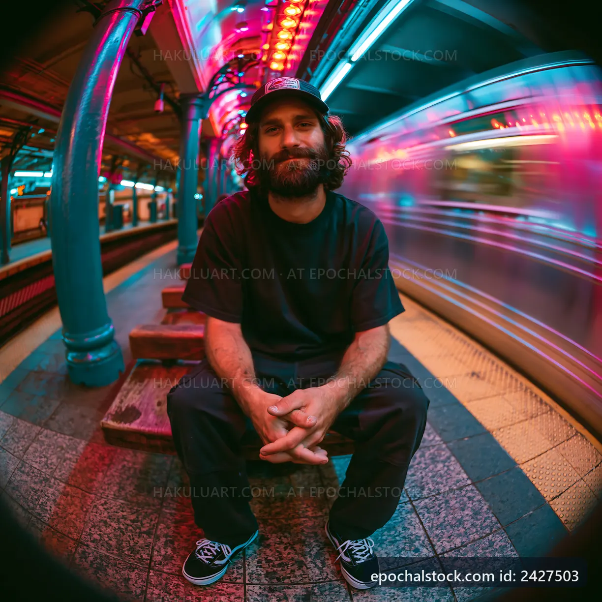 Man sitting on subway platform with passing train