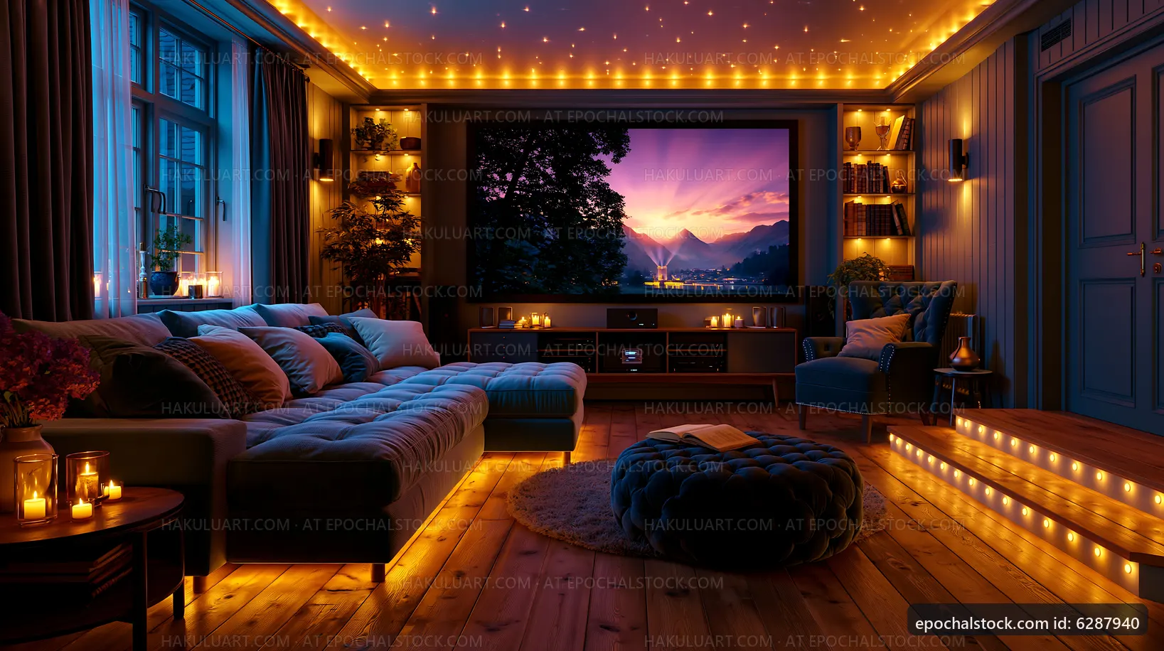 Cozy living room with warm lighting and mountain view