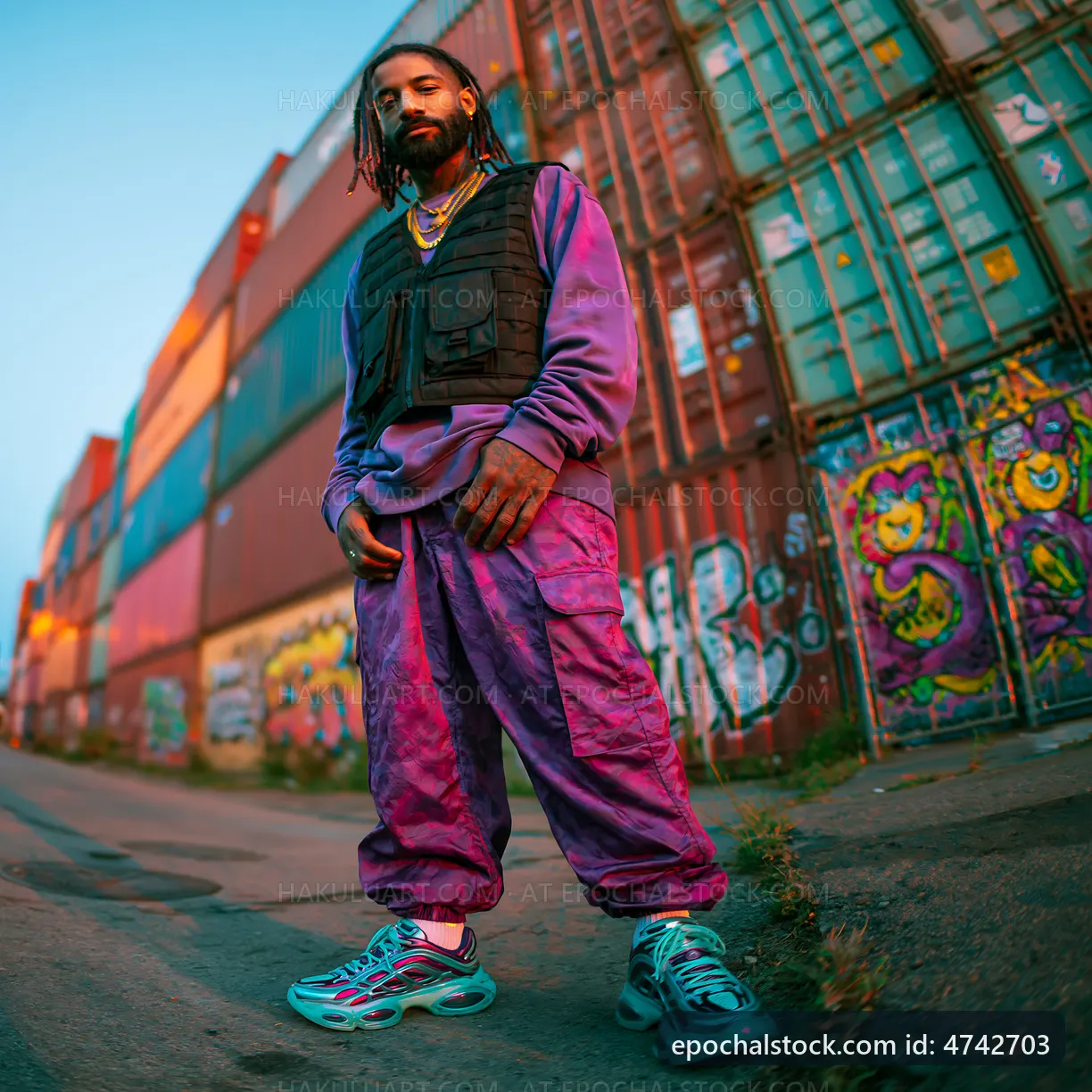 Man in purple outfit poses near shipping containers and graffiti