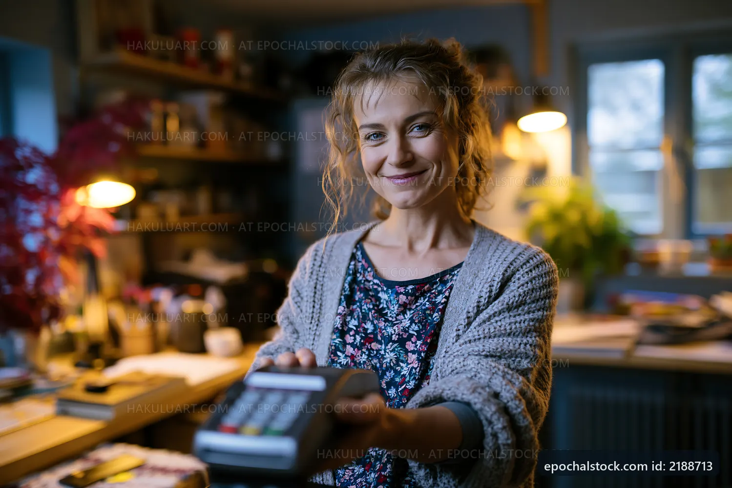 Woman using a payment terminal in a cozy workspace