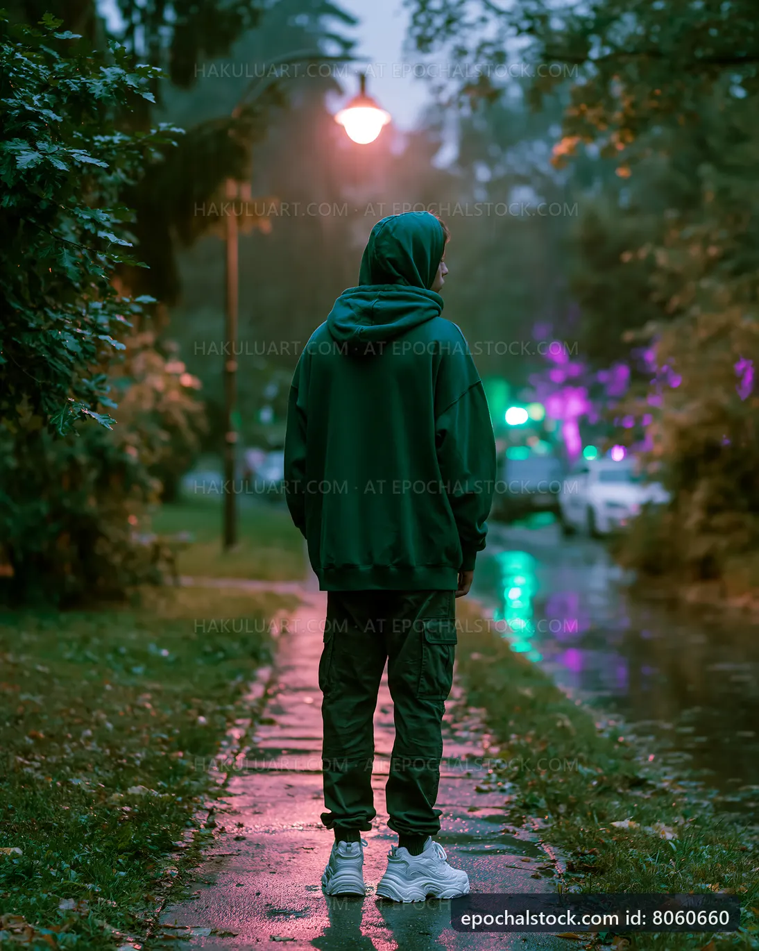 Person standing on wet pathway at night with streetlights glowing