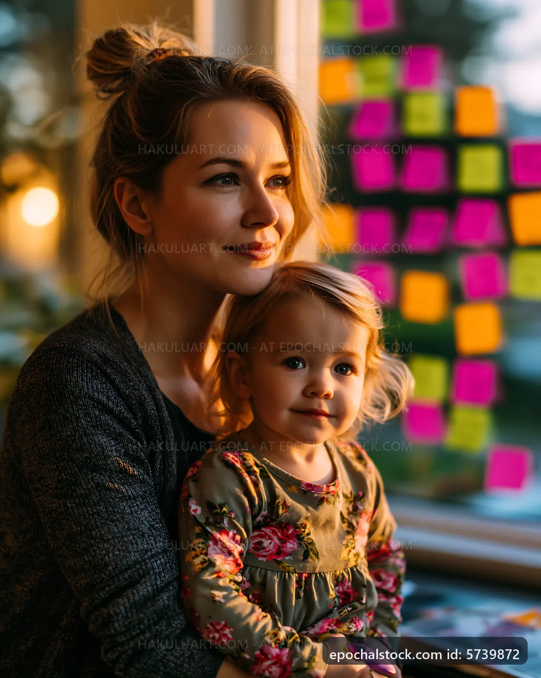 Mother and child sitting together by window with colorful notes